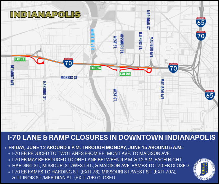 Upcoming I-70 Lane and Ramp Closures in Downtown Indianapolis