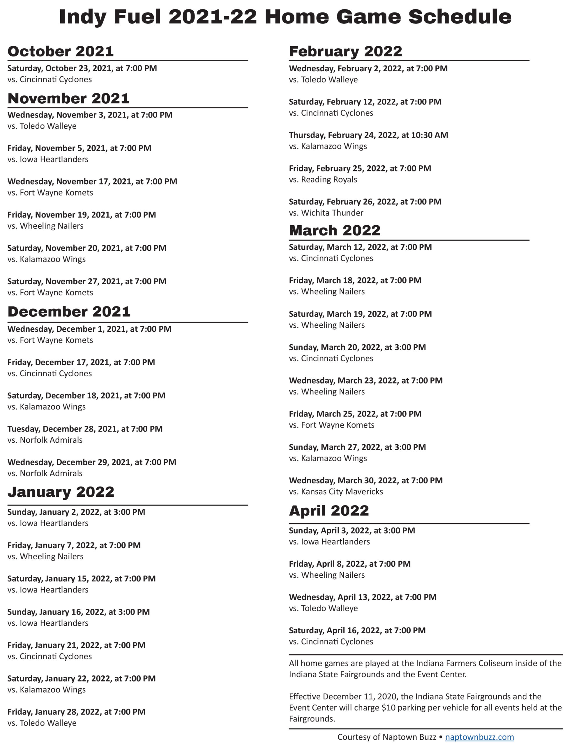 Indy Fuel Schedule 2022 Printable Indy Fuel 2021-22 Home Game Schedule (Pdf)