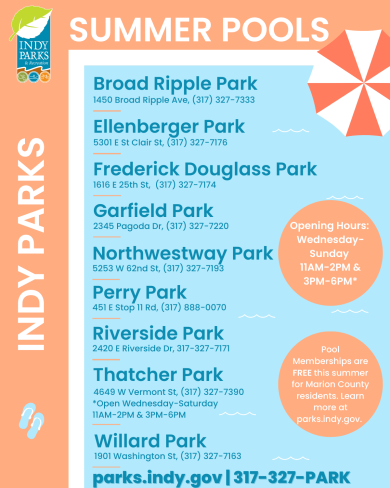 Indy Parks Pool Locations & Hours; Garfield Park Pool Reopened