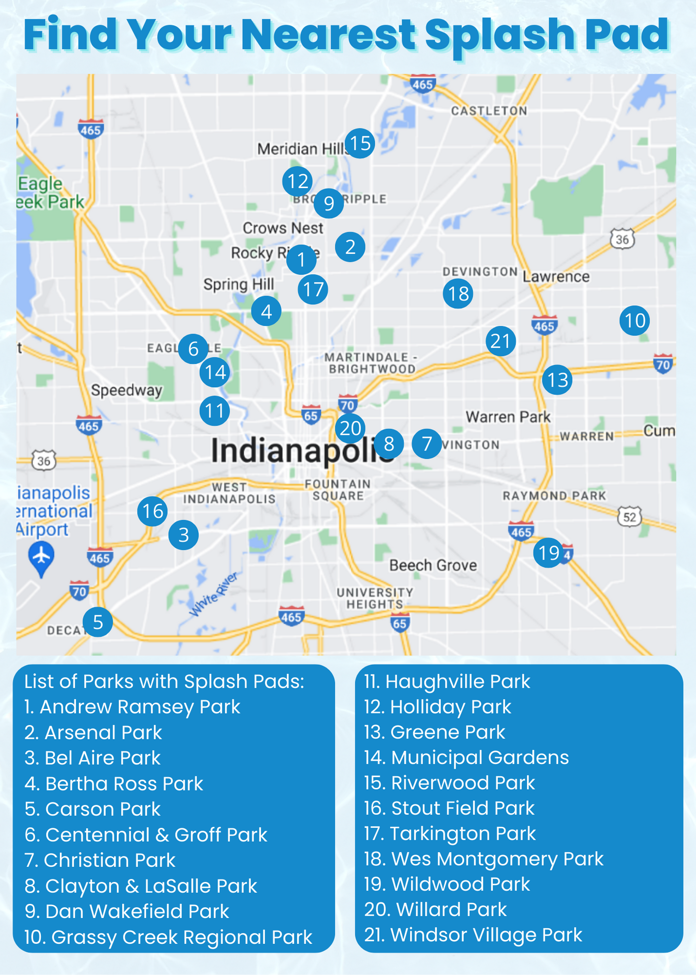 Indy Parks 2022 Summer Splash Pads Map