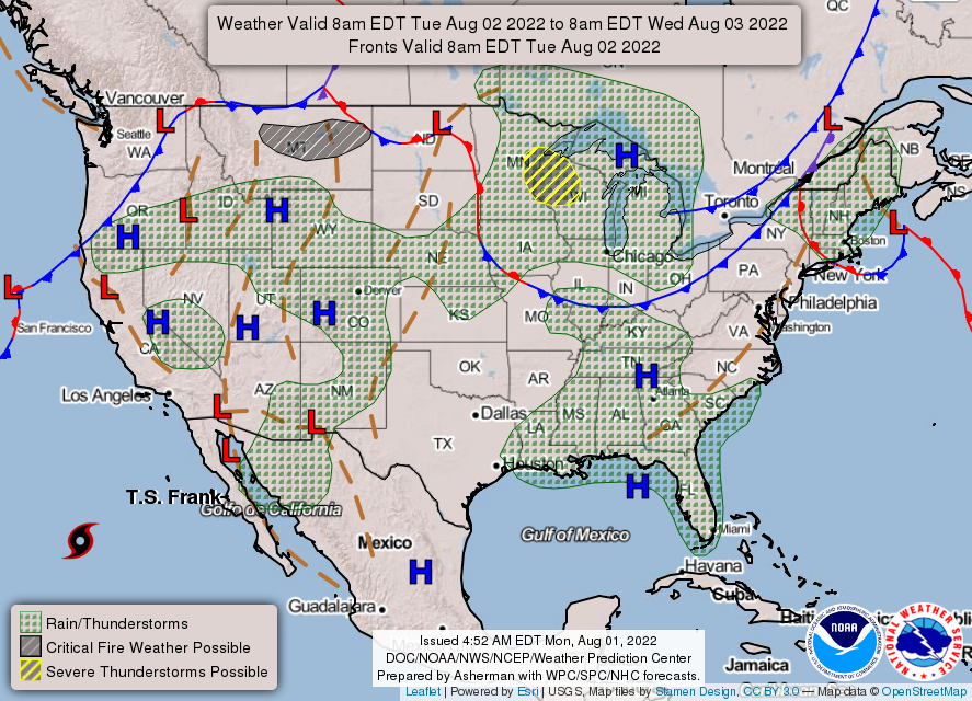 United States 3-Day Forecast for August 1, 2022 (Day 2)