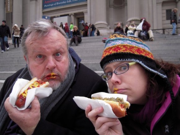 Bob Harbin and Claire Wilcher eating wieners